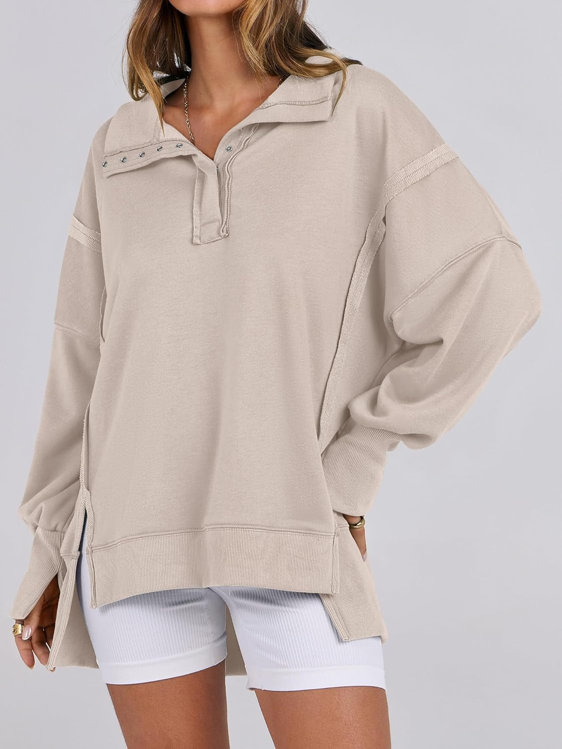 ✨Women's Oversized High Low Split Button Up Henley Pullover Top