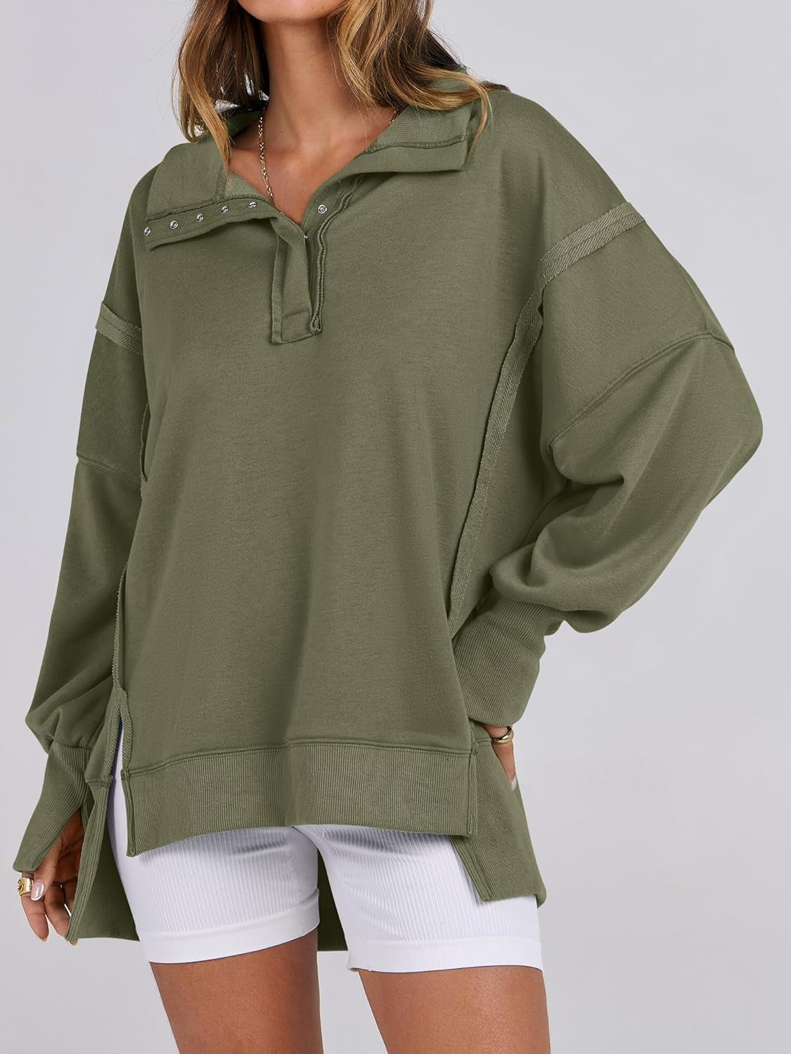 ✨Women's Oversized High Low Split Button Up Henley Pullover Top