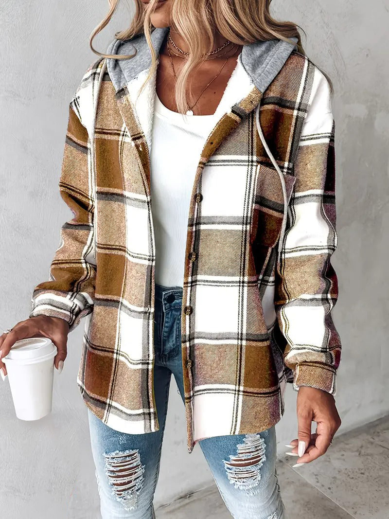 ✨Women's Plaid Button Down Fleece Lined Hooded Jackets Warm Coat