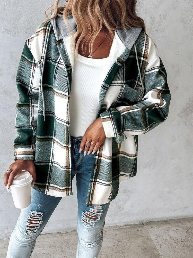 ✨Women's Plaid Button Down Fleece Lined Hooded Jackets Warm Coat