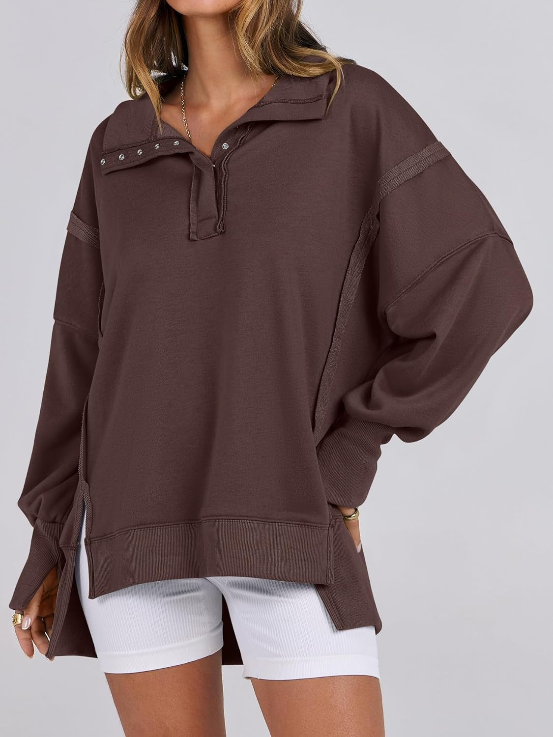 ✨Women's Oversized High Low Split Button Up Henley Pullover Top