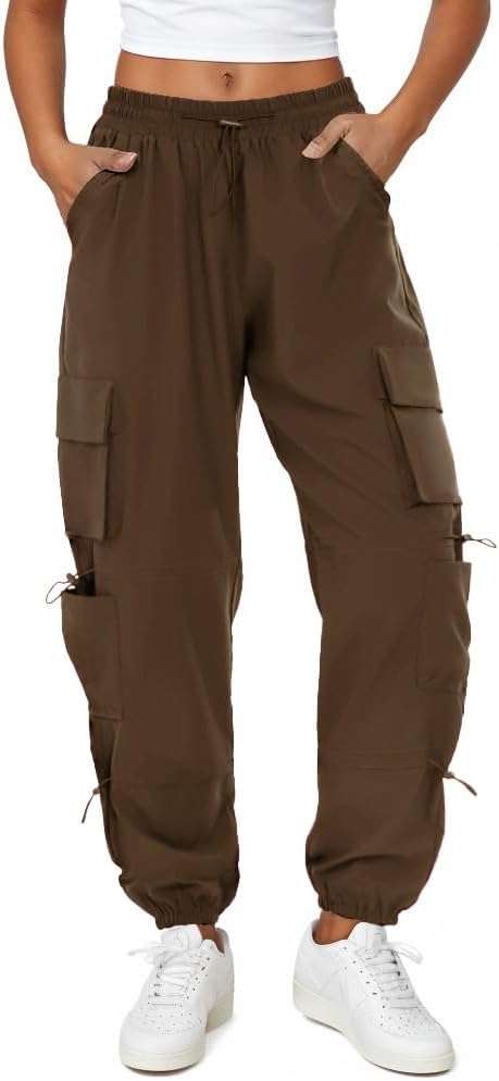 Womens Parachute Cargo Pants with Pockets Quick Dry Hiking Pants Lightweight Water-Resistant Baggy Joggers