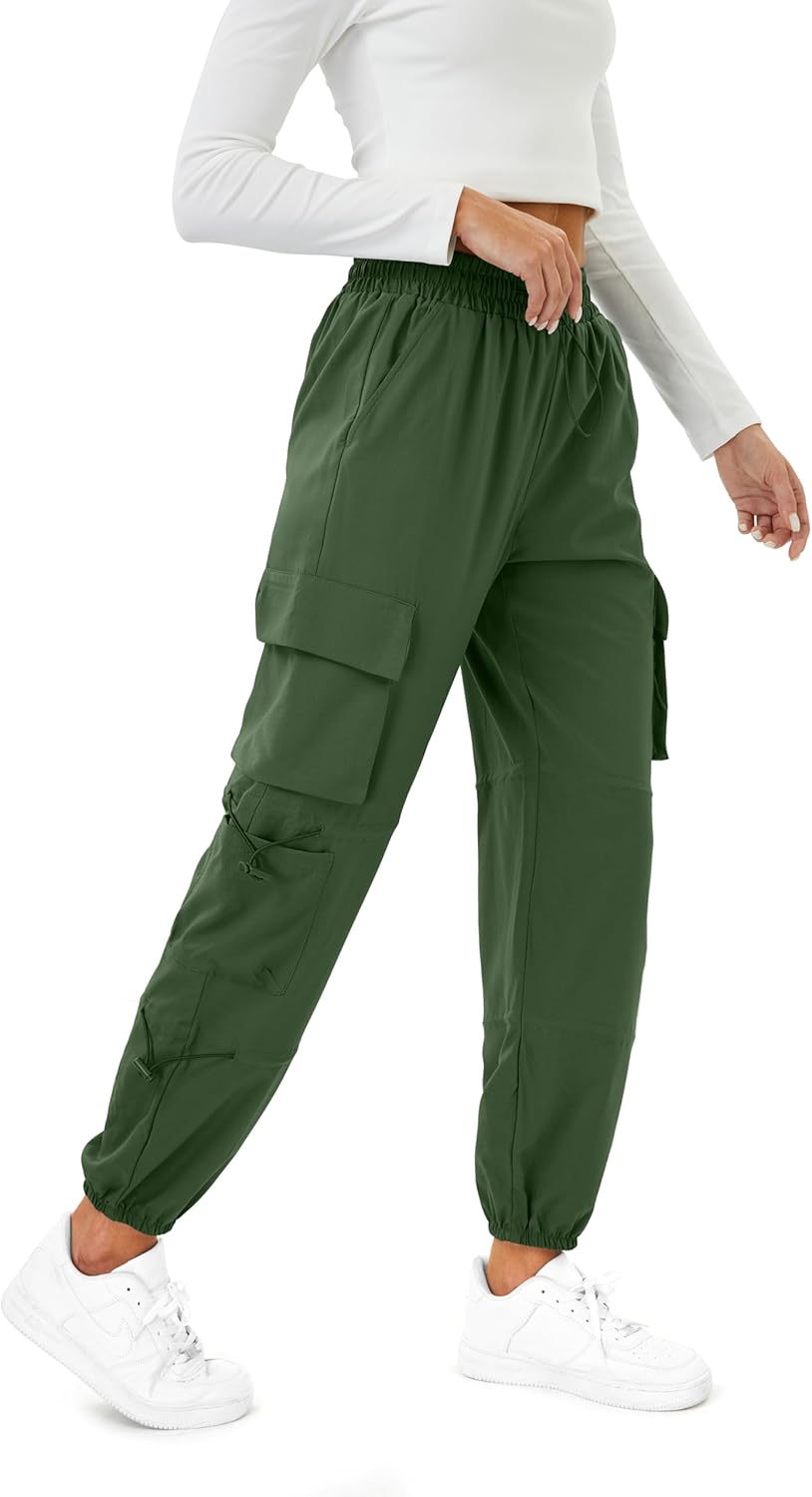 Womens Parachute Cargo Pants with Pockets Quick Dry Hiking Pants Lightweight Water-Resistant Baggy Joggers