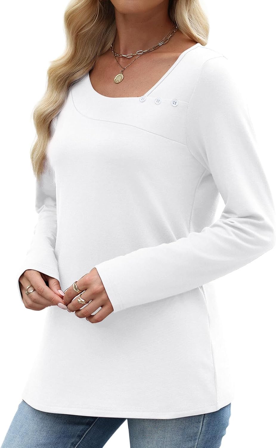 Long Sleeve Shirts for Women Fall Clothes Asymmetric Square Neck Tunic Tops Decorative Buttons