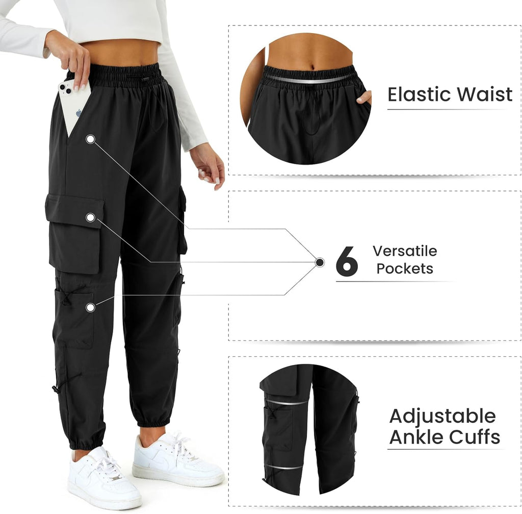 Womens Parachute Cargo Pants with Pockets Quick Dry Hiking Pants Lightweight Water-Resistant Baggy Joggers