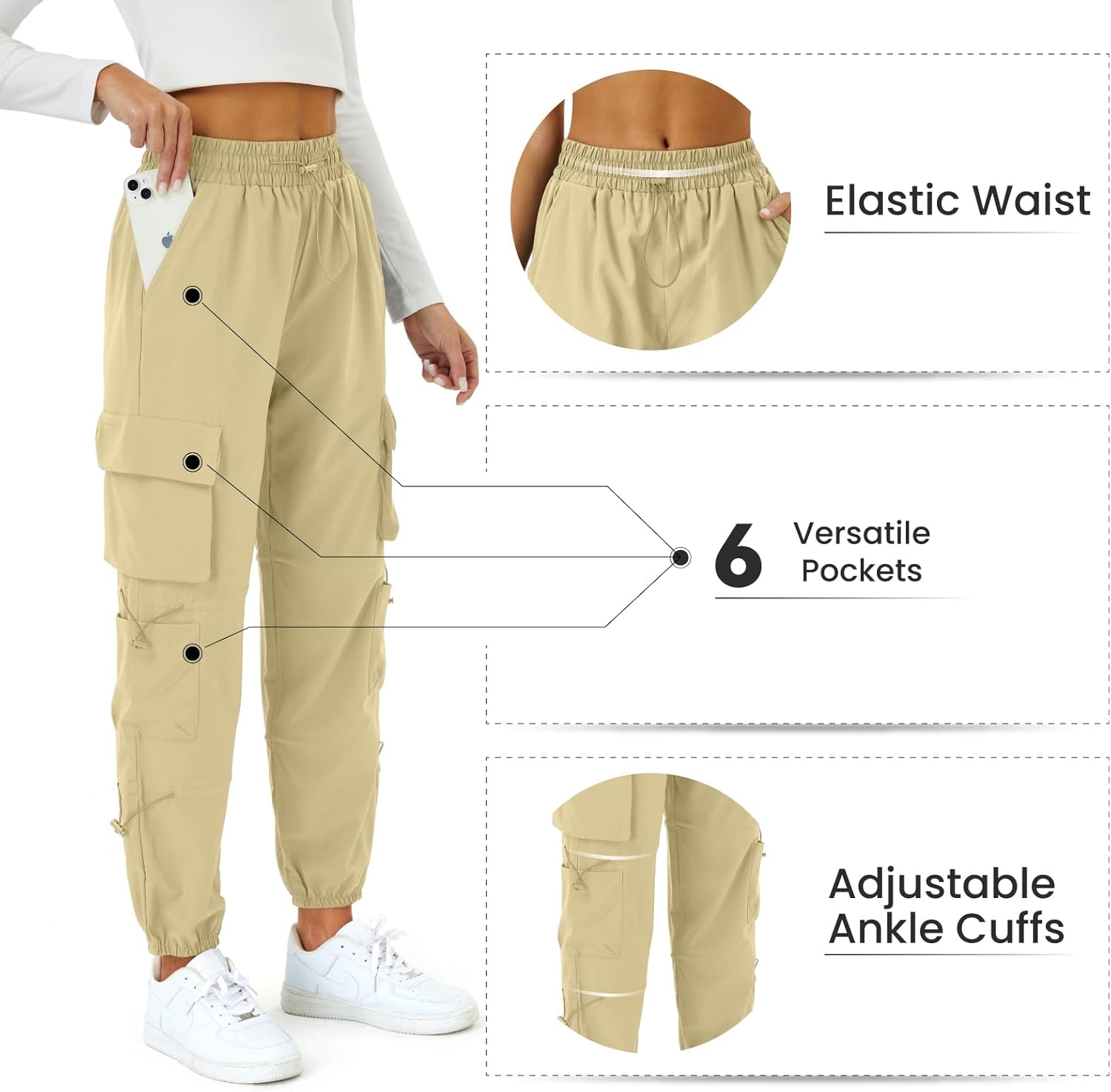 Womens Parachute Cargo Pants with Pockets Quick Dry Hiking Pants Lightweight Water-Resistant Baggy Joggers