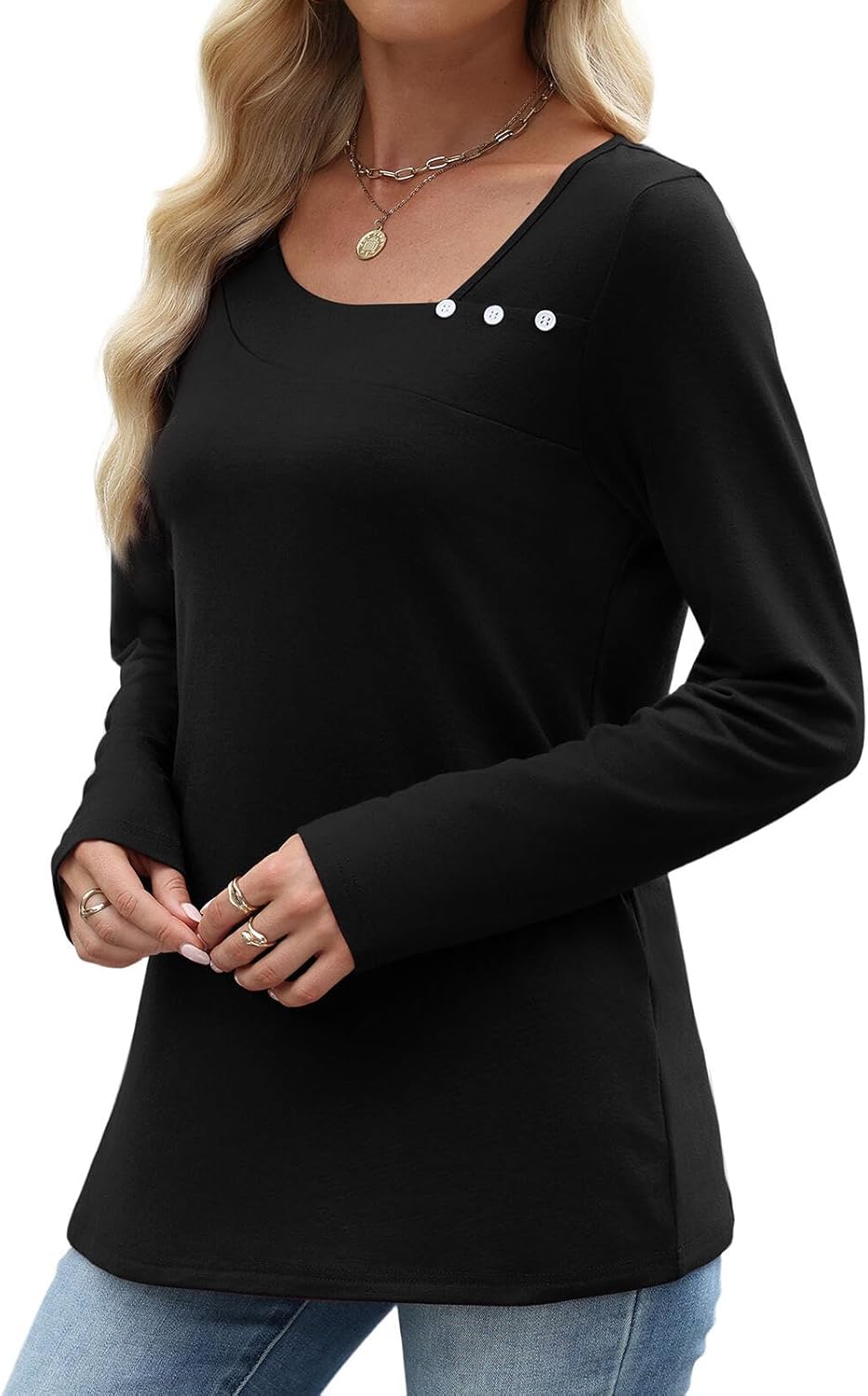 Long Sleeve Shirts for Women Fall Clothes Asymmetric Square Neck Tunic Tops Decorative Buttons