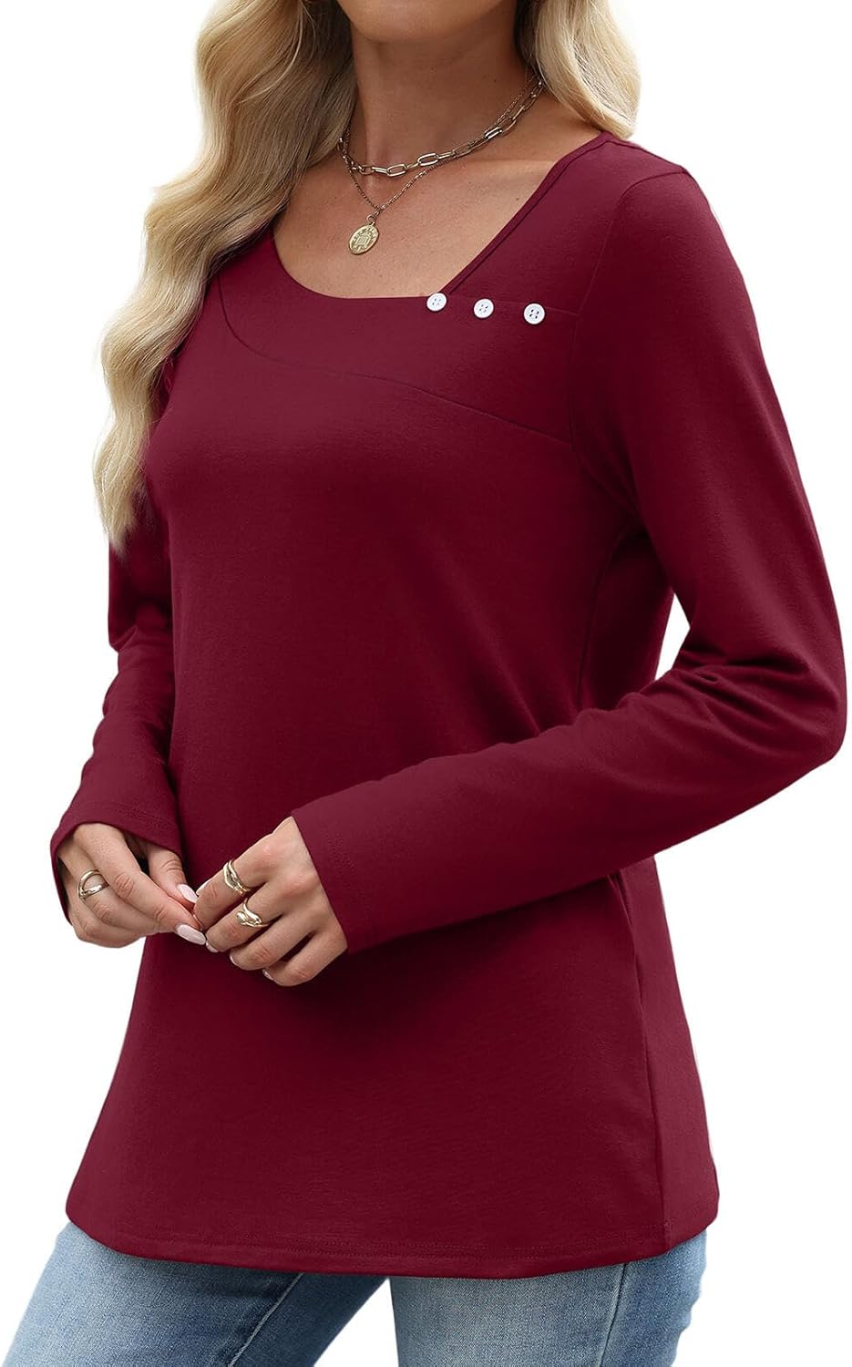 Long Sleeve Shirts for Women Fall Clothes Asymmetric Square Neck Tunic Tops Decorative Buttons