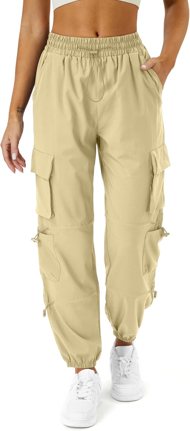 Womens Parachute Cargo Pants with Pockets Quick Dry Hiking Pants Lightweight Water-Resistant Baggy Joggers
