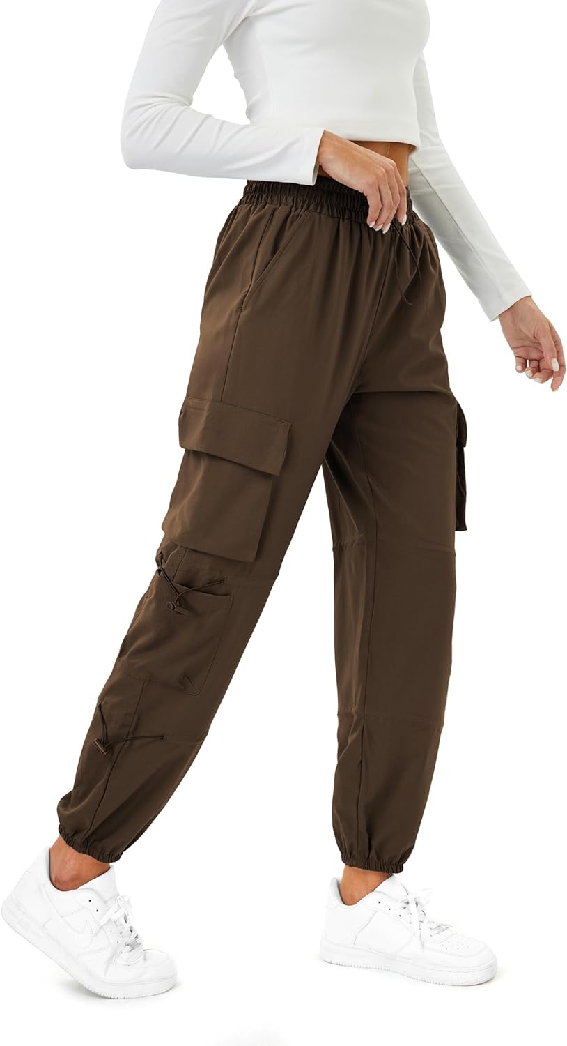 Womens Parachute Cargo Pants with Pockets Quick Dry Hiking Pants Lightweight Water-Resistant Baggy Joggers