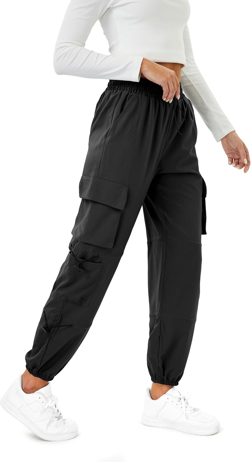 Womens Parachute Cargo Pants with Pockets Quick Dry Hiking Pants Lightweight Water-Resistant Baggy Joggers