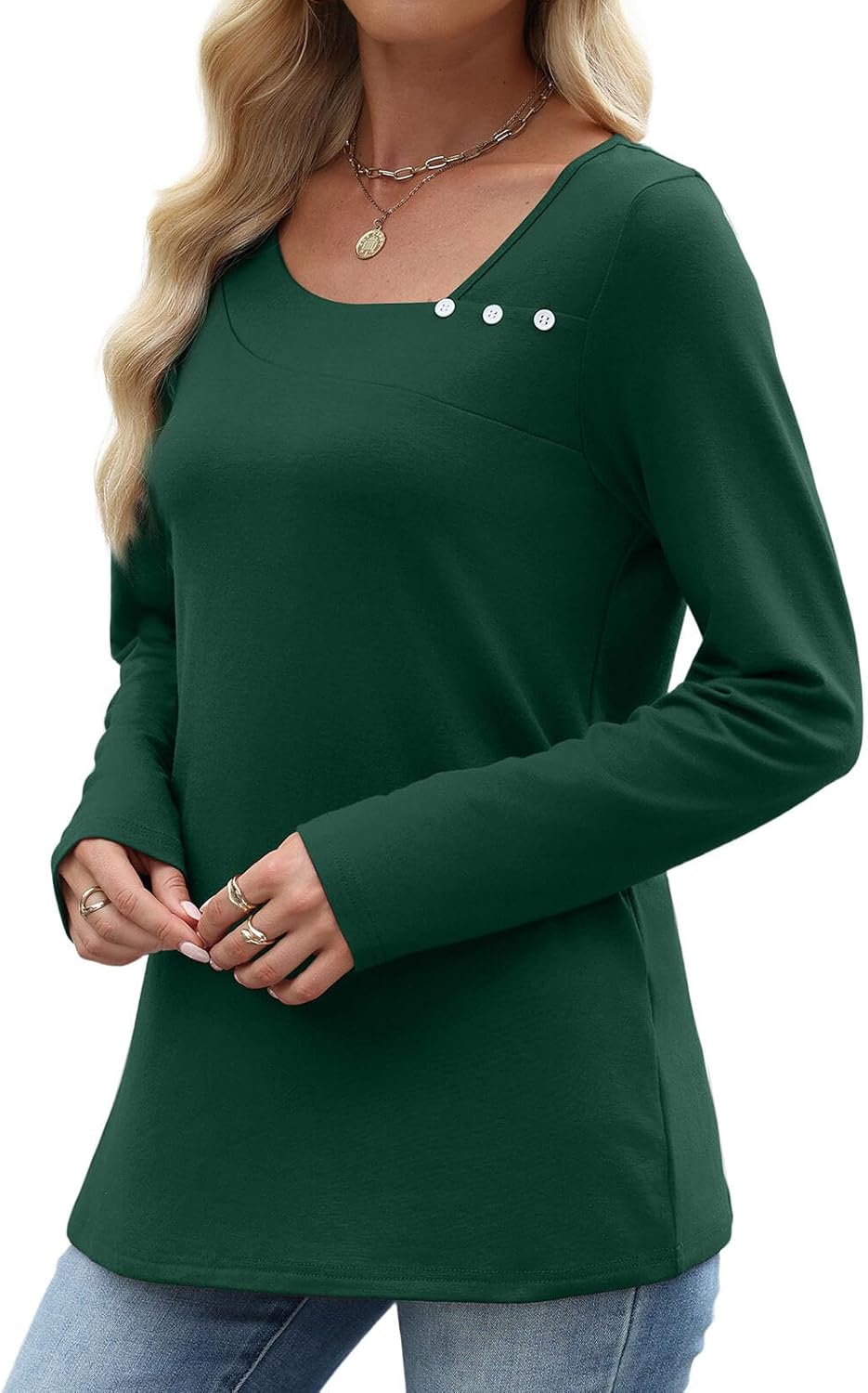 Long Sleeve Shirts for Women Fall Clothes Asymmetric Square Neck Tunic Tops Decorative Buttons