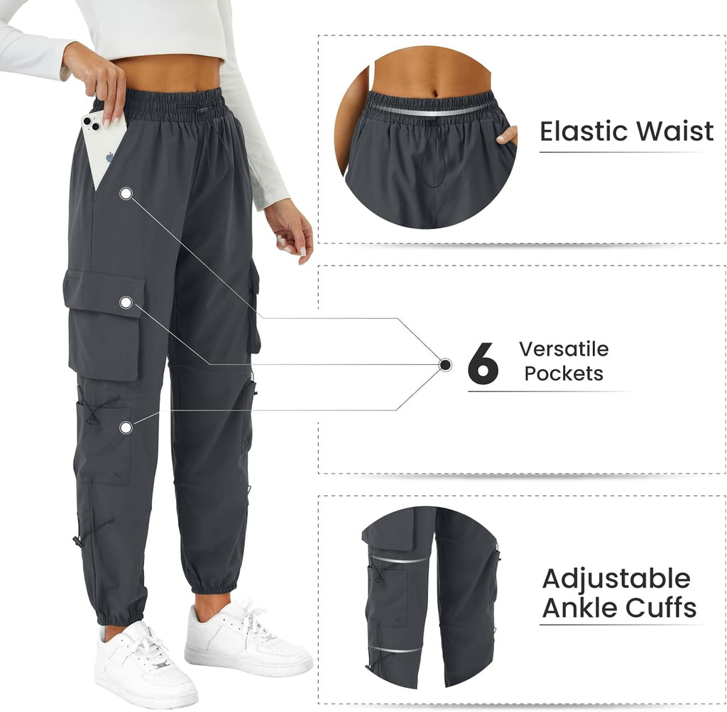 Womens Parachute Cargo Pants with Pockets Quick Dry Hiking Pants Lightweight Water-Resistant Baggy Joggers