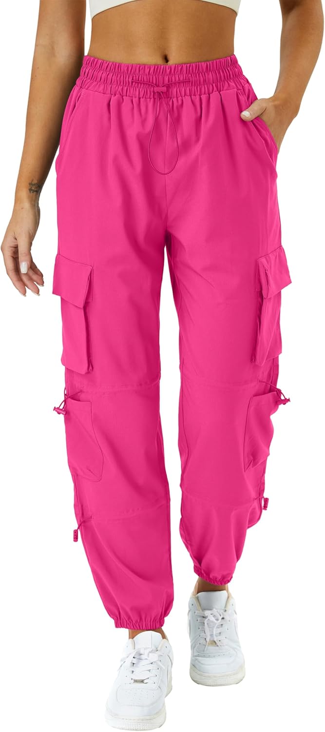 Womens Parachute Cargo Pants with Pockets Quick Dry Hiking Pants Lightweight Water-Resistant Baggy Joggers