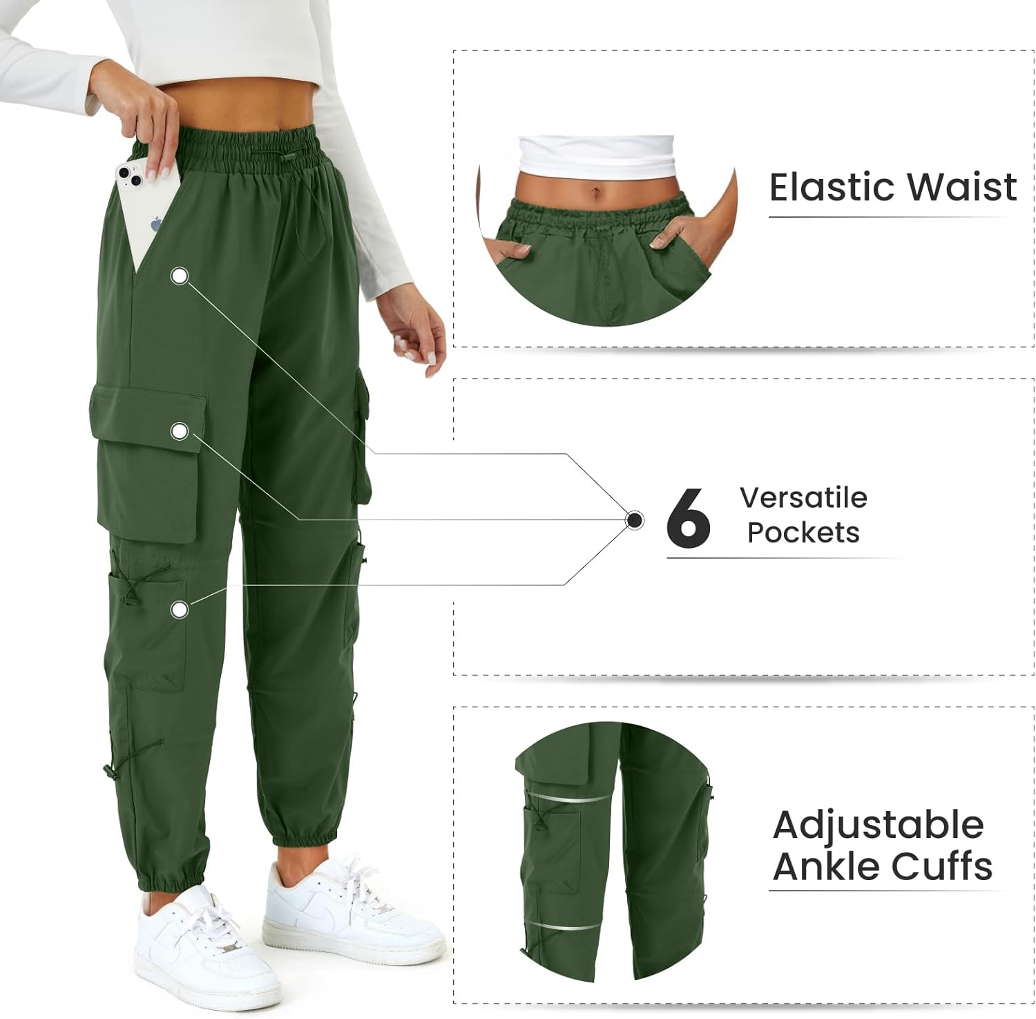 Womens Parachute Cargo Pants with Pockets Quick Dry Hiking Pants Lightweight Water-Resistant Baggy Joggers