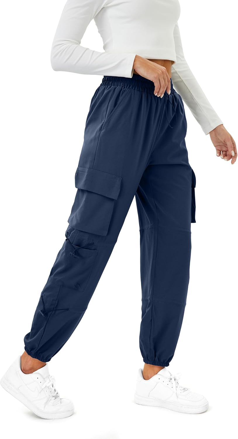Womens Parachute Cargo Pants with Pockets Quick Dry Hiking Pants Lightweight Water-Resistant Baggy Joggers