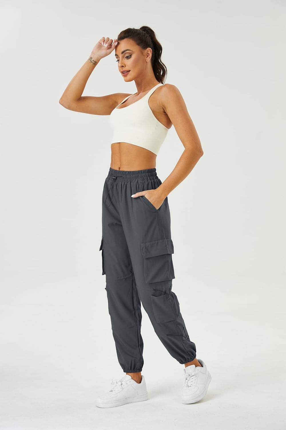 Womens Parachute Cargo Pants with Pockets Quick Dry Hiking Pants Lightweight Water-Resistant Baggy Joggers