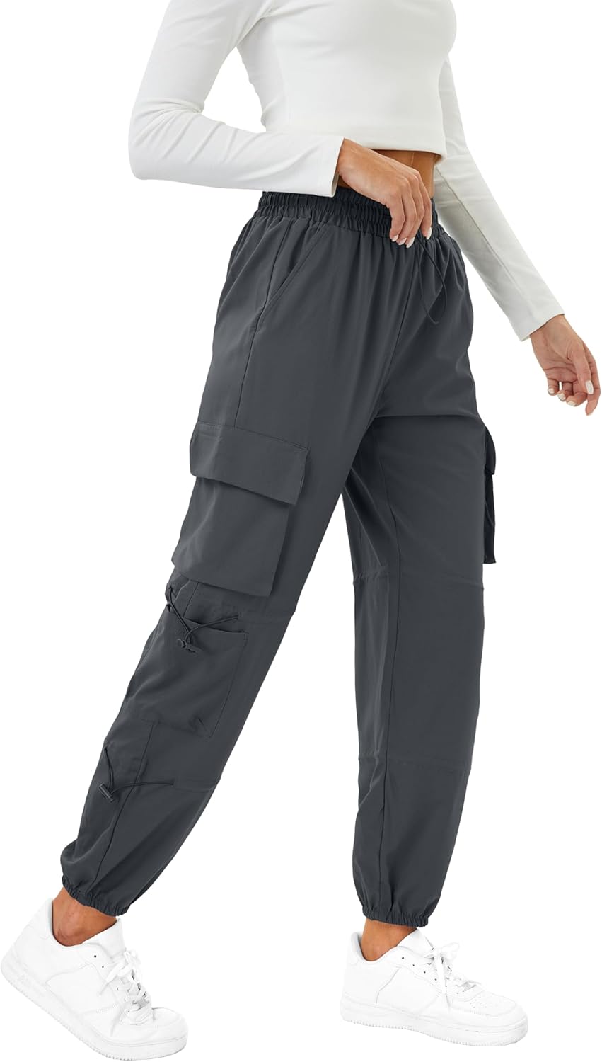 Womens Parachute Cargo Pants with Pockets Quick Dry Hiking Pants Lightweight Water-Resistant Baggy Joggers