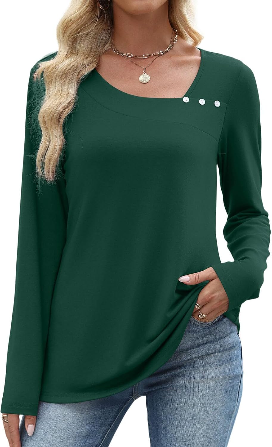 Long Sleeve Shirts for Women Fall Clothes Asymmetric Square Neck Tunic Tops Decorative Buttons