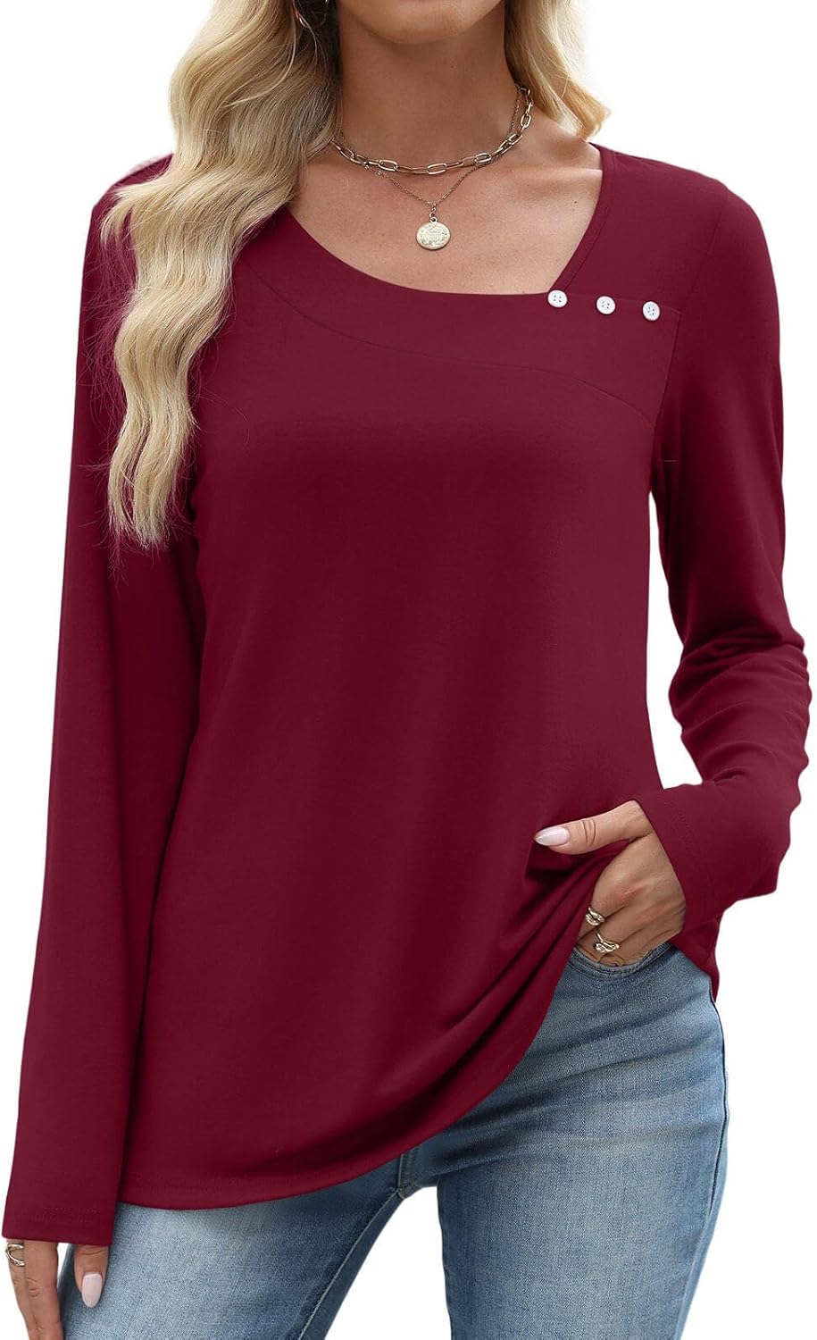 Long Sleeve Shirts for Women Fall Clothes Asymmetric Square Neck Tunic Tops Decorative Buttons