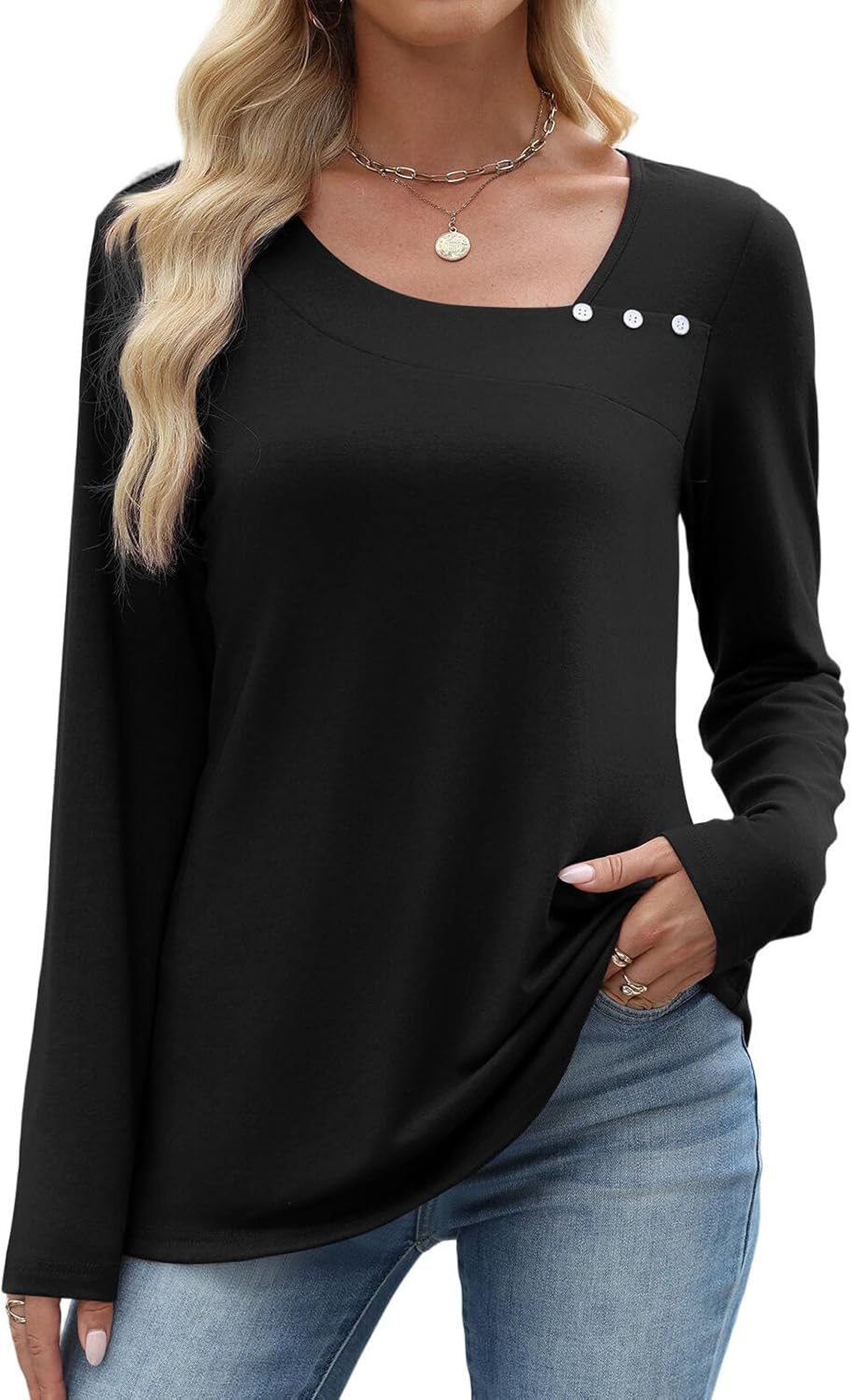 Long Sleeve Shirts for Women Fall Clothes Asymmetric Square Neck Tunic Tops Decorative Buttons