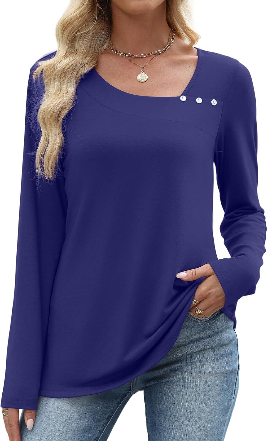 Long Sleeve Shirts for Women Fall Clothes Asymmetric Square Neck Tunic Tops Decorative Buttons