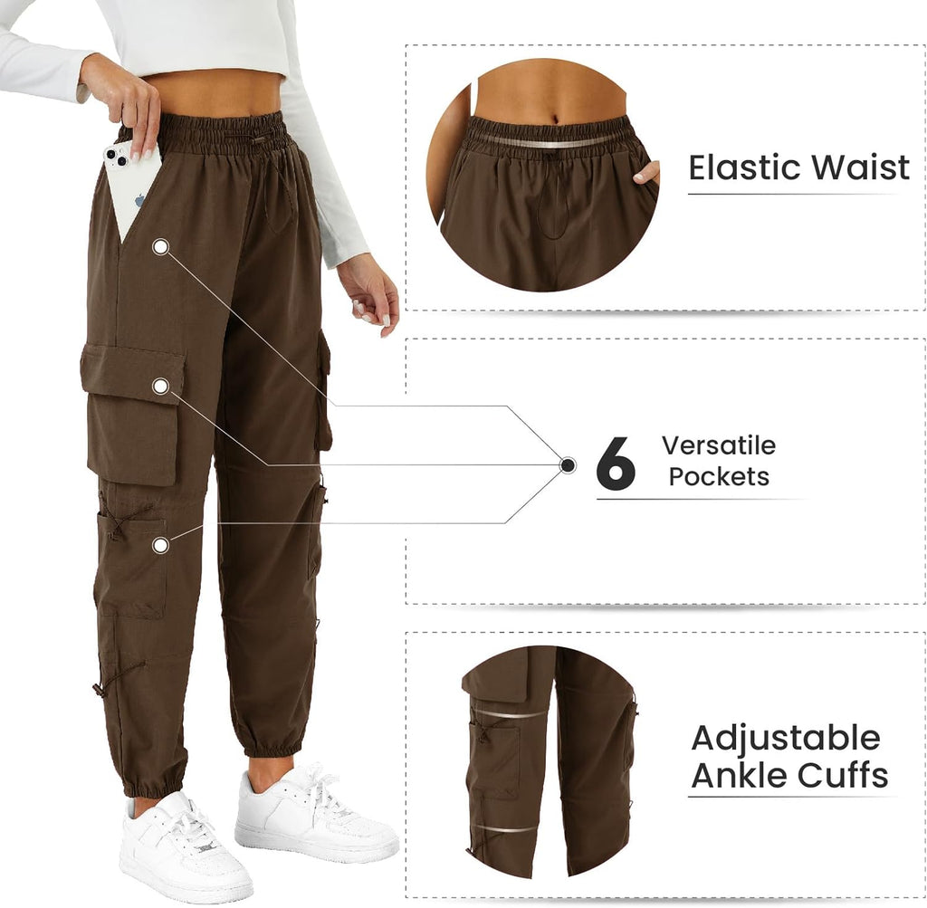 Womens Parachute Cargo Pants with Pockets Quick Dry Hiking Pants Lightweight Water-Resistant Baggy Joggers