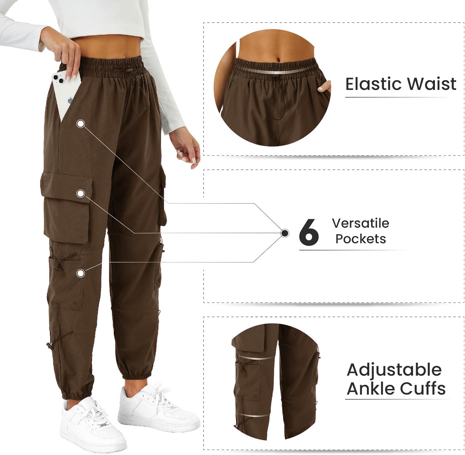 Womens Parachute Cargo Pants with Pockets Quick Dry Hiking Pants Lightweight Water-Resistant Baggy Joggers