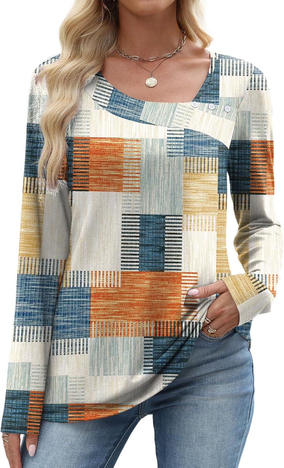 Long Sleeve Shirts for Women Fall Clothes Asymmetric Square Neck Tunic Tops Decorative Buttons