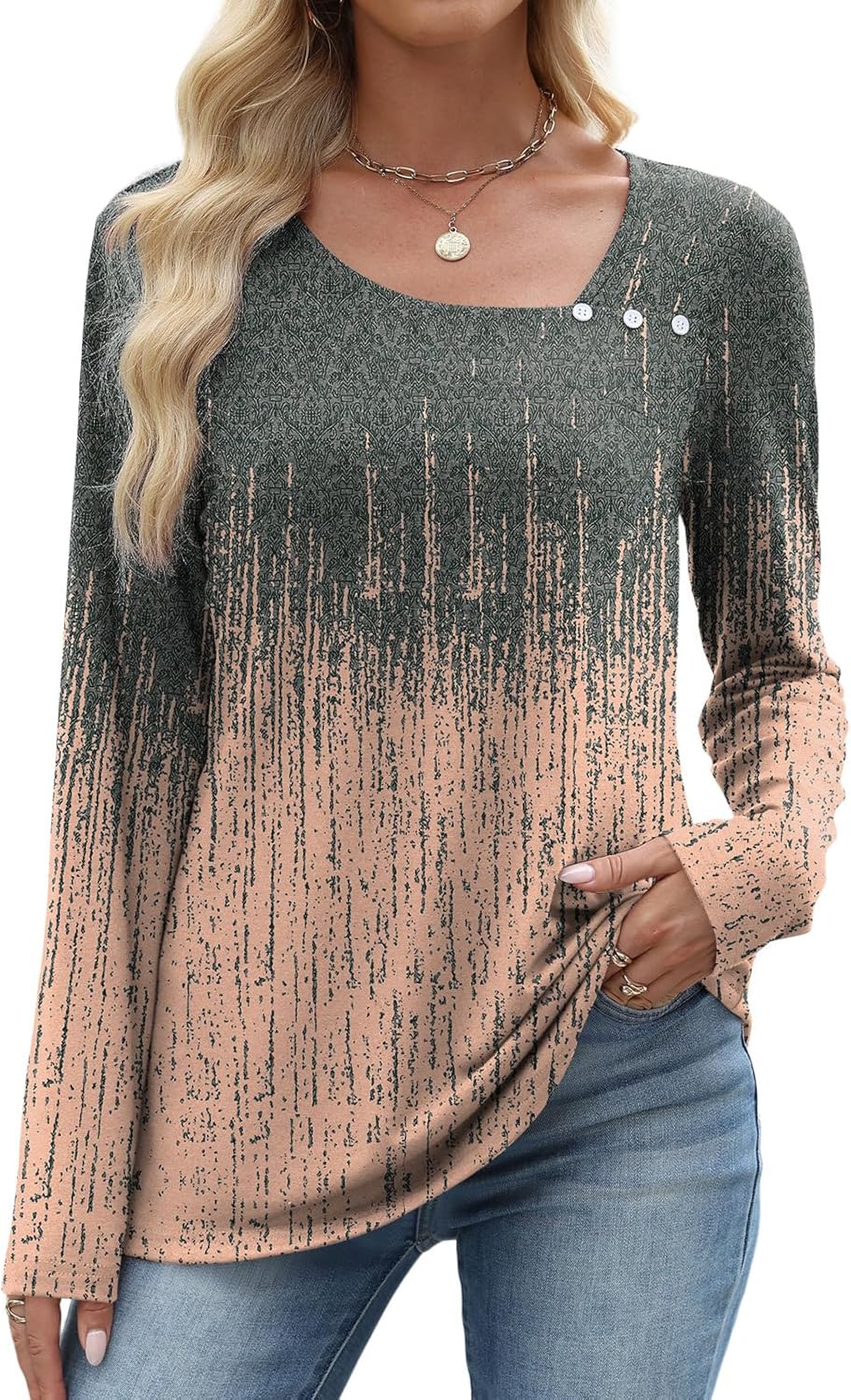 Long Sleeve Shirts for Women Fall Clothes Asymmetric Square Neck Tunic Tops Decorative Buttons