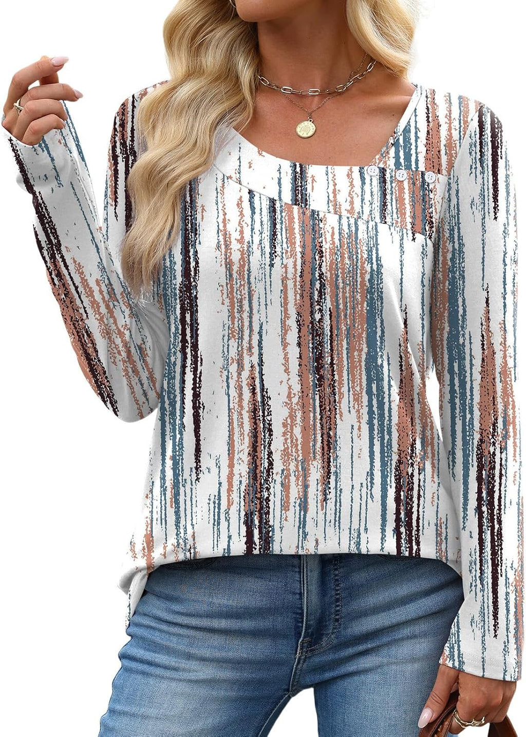 Long Sleeve Shirts for Women Fall Clothes Asymmetric Square Neck Tunic Tops Decorative Buttons