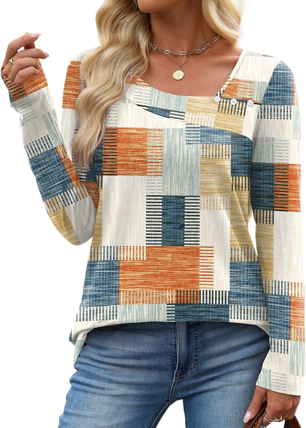 Long Sleeve Shirts for Women Fall Clothes Asymmetric Square Neck Tunic Tops Decorative Buttons