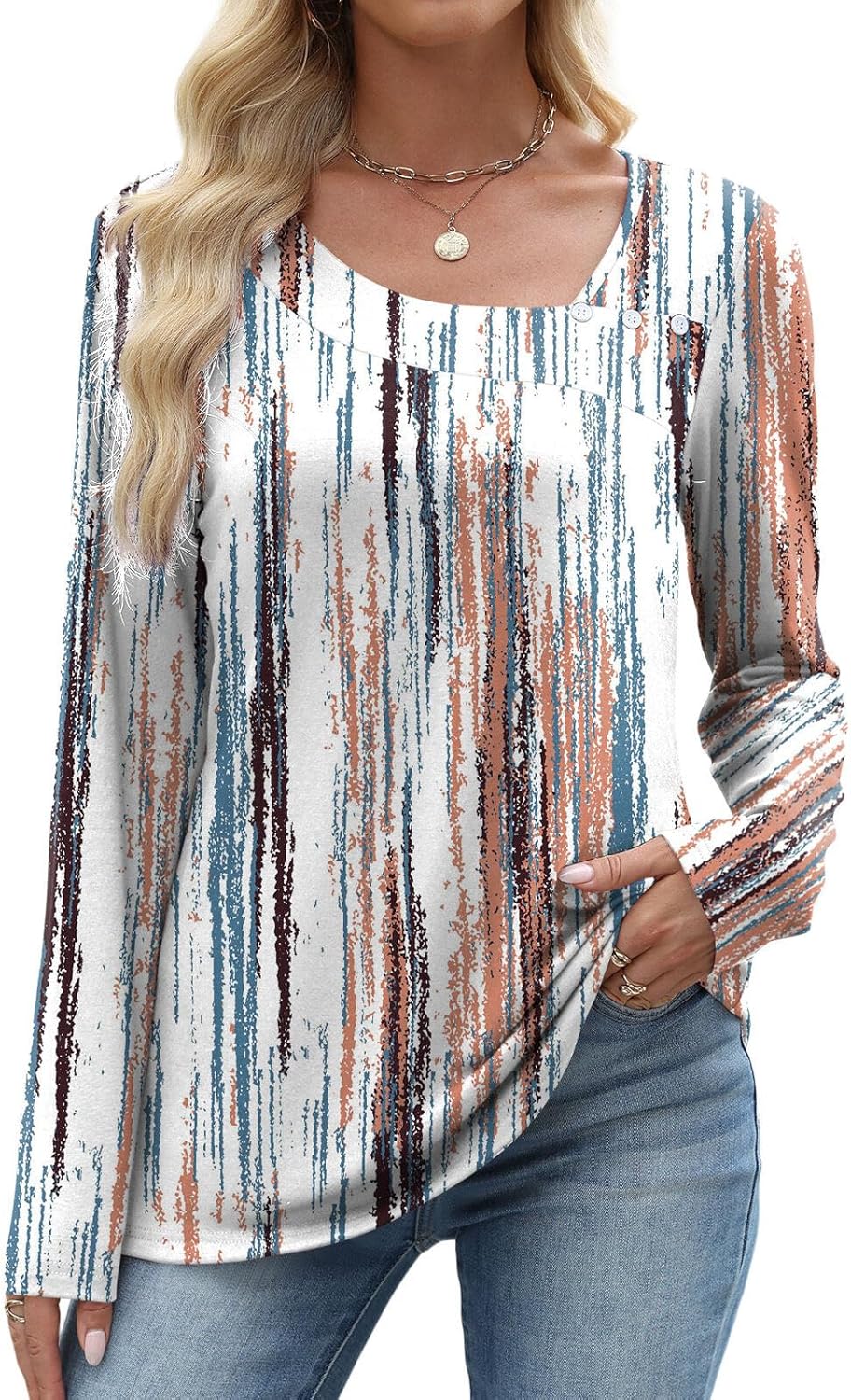 Long Sleeve Shirts for Women Fall Clothes Asymmetric Square Neck Tunic Tops Decorative Buttons