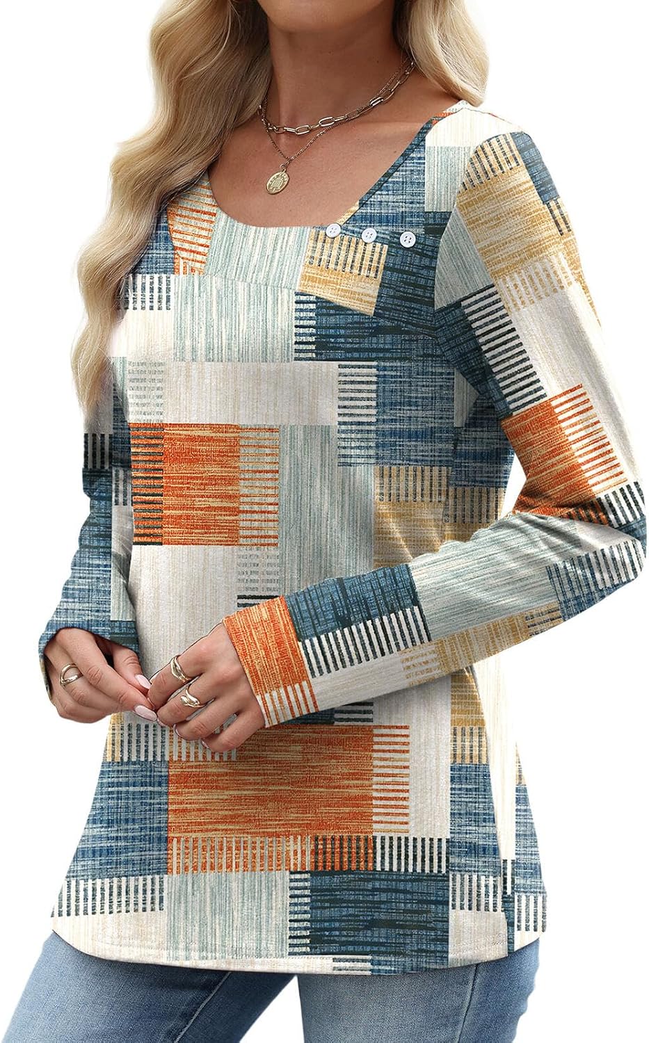 Long Sleeve Shirts for Women Fall Clothes Asymmetric Square Neck Tunic Tops Decorative Buttons