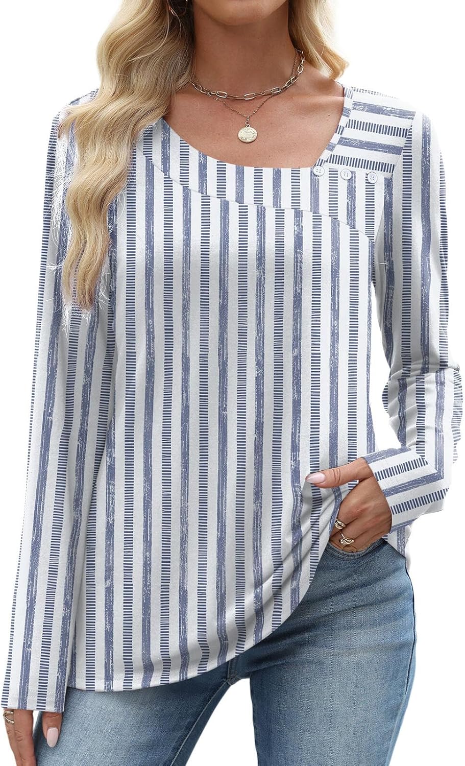 Long Sleeve Shirts for Women Fall Clothes Asymmetric Square Neck Tunic Tops Decorative Buttons