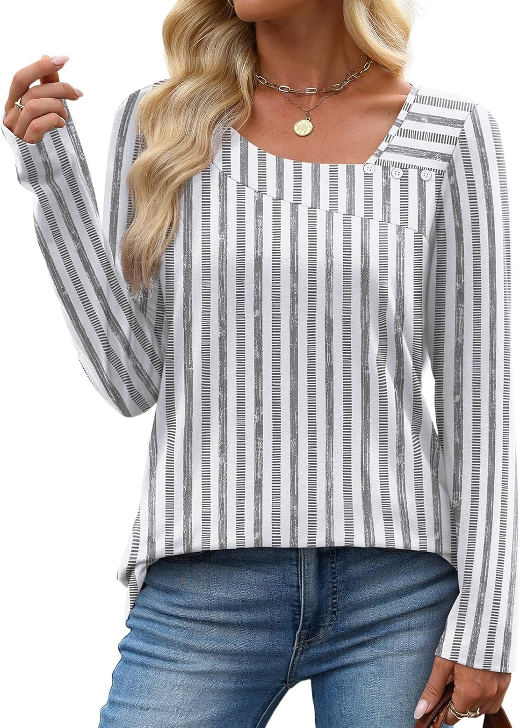 Long Sleeve Shirts for Women Fall Clothes Asymmetric Square Neck Tunic Tops Decorative Buttons