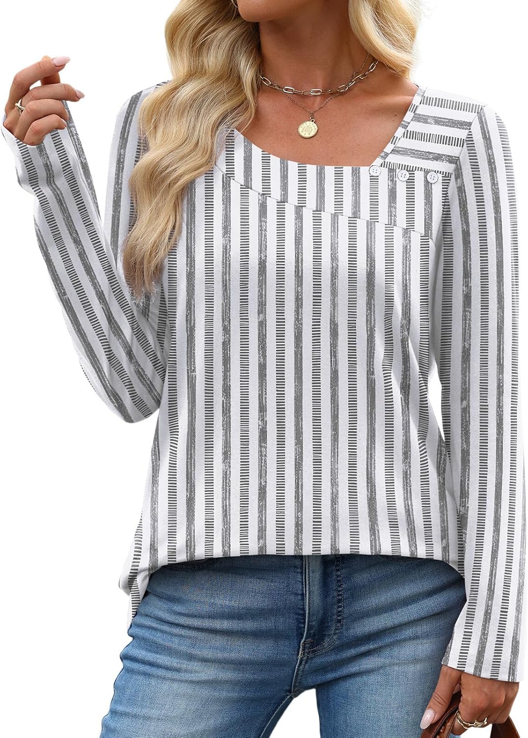 Long Sleeve Shirts for Women Fall Clothes Asymmetric Square Neck Tunic Tops Decorative Buttons