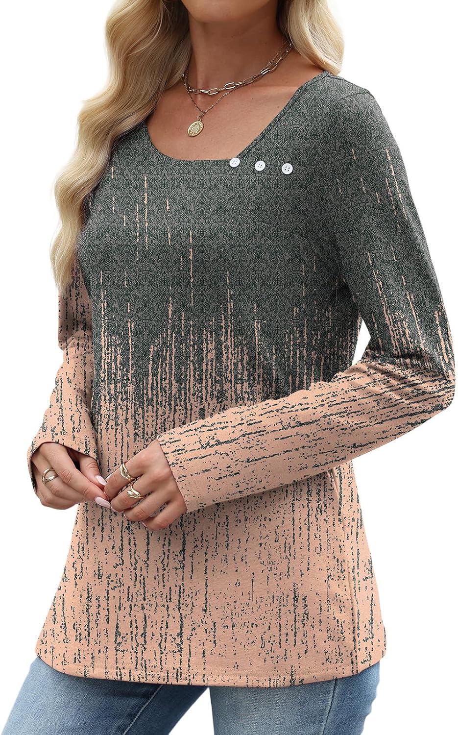 Long Sleeve Shirts for Women Fall Clothes Asymmetric Square Neck Tunic Tops Decorative Buttons