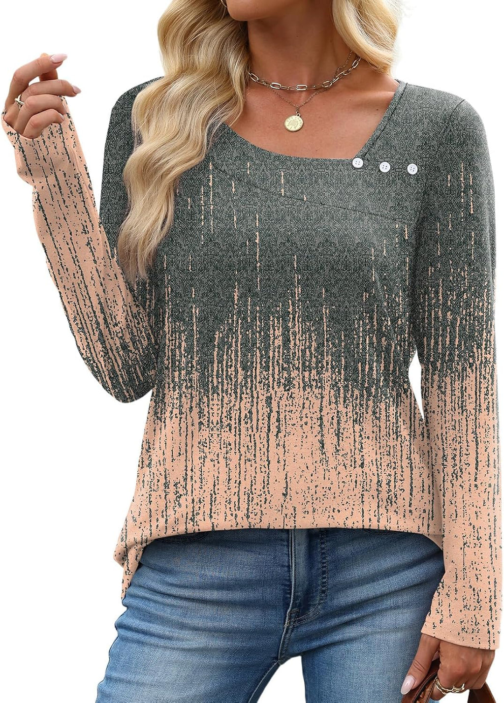 Long Sleeve Shirts for Women Fall Clothes Asymmetric Square Neck Tunic Tops Decorative Buttons