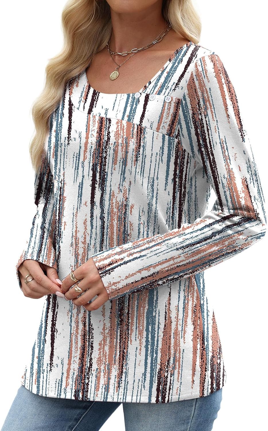 Long Sleeve Shirts for Women Fall Clothes Asymmetric Square Neck Tunic Tops Decorative Buttons