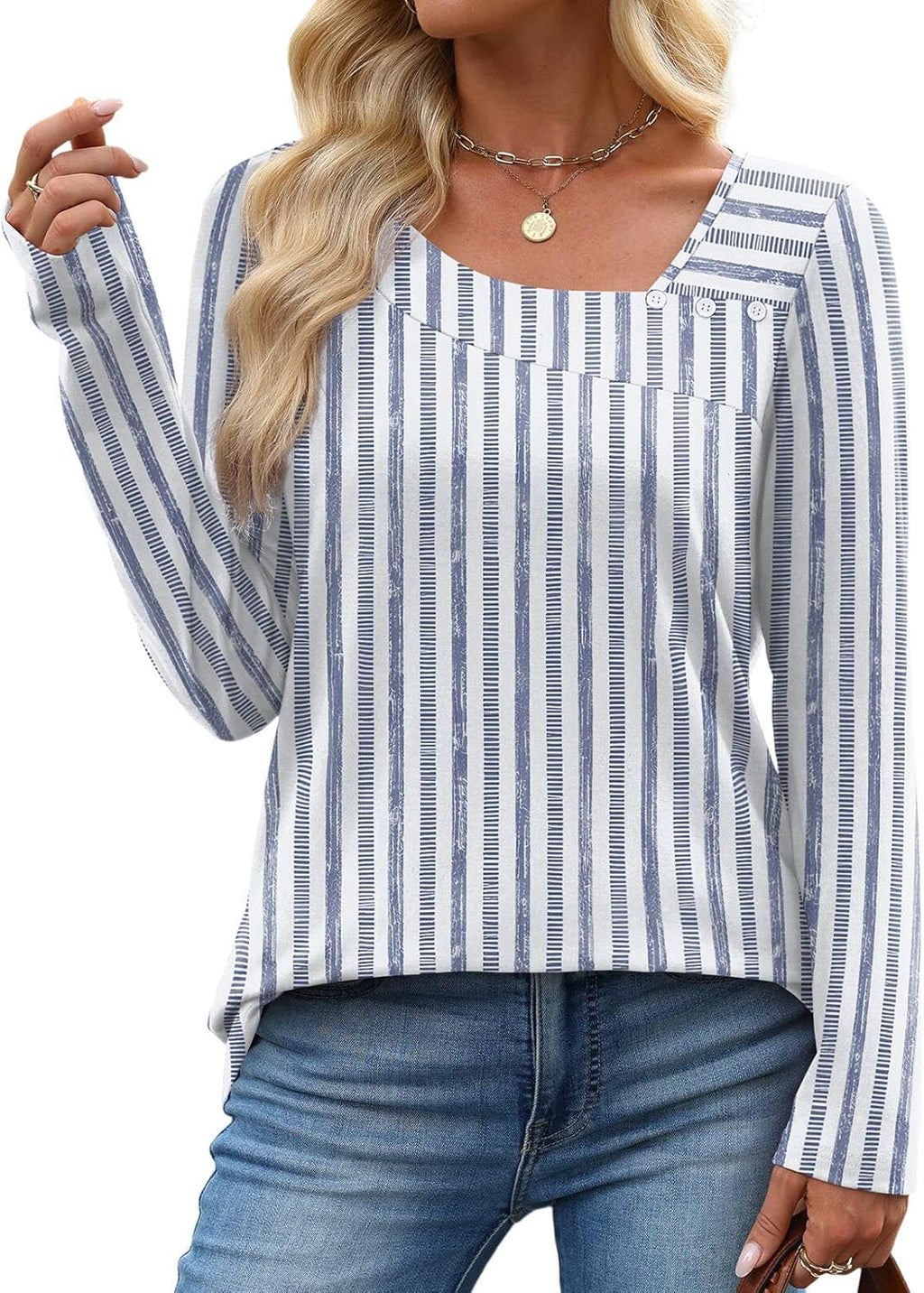 Long Sleeve Shirts for Women Fall Clothes Asymmetric Square Neck Tunic Tops Decorative Buttons