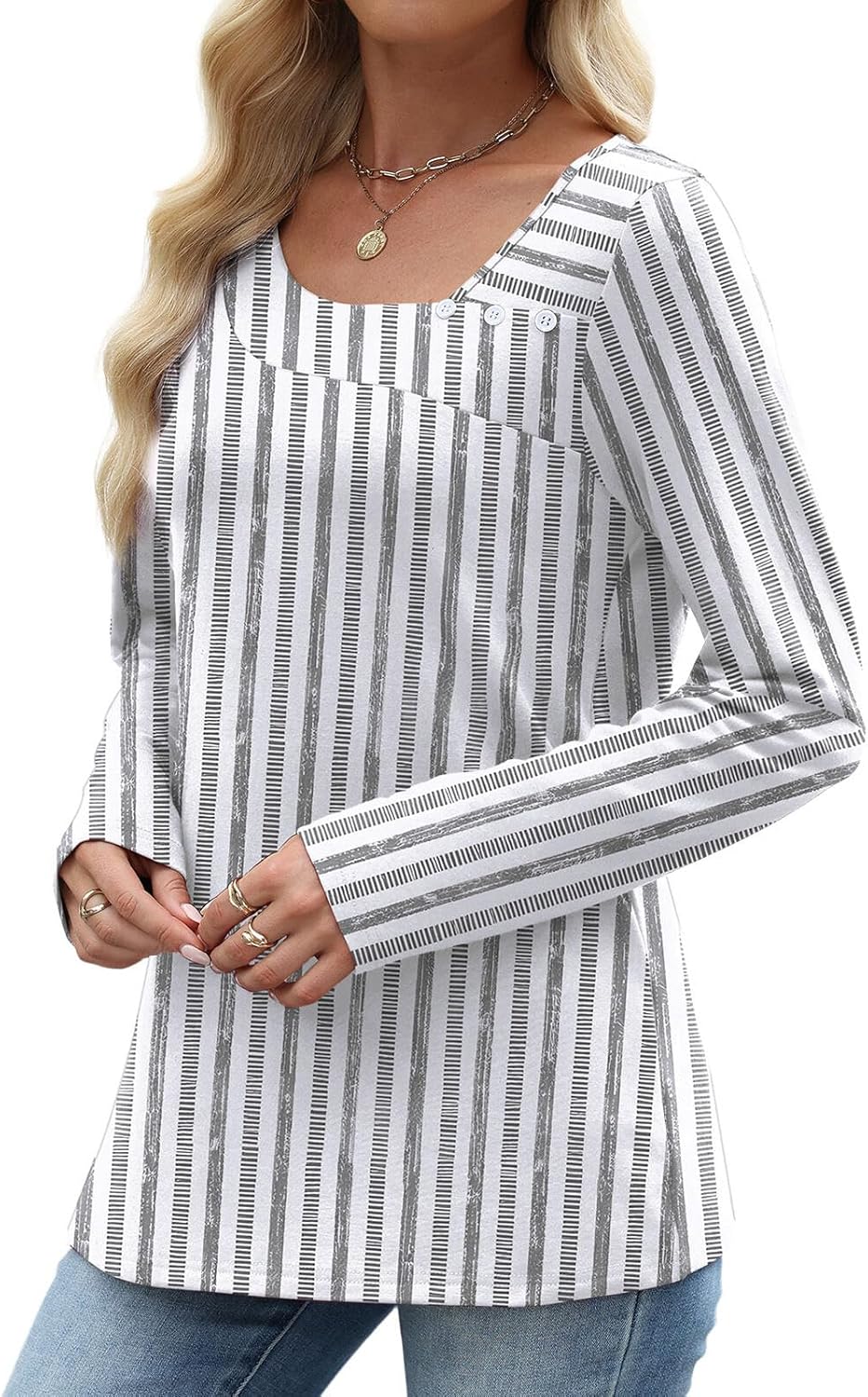 Long Sleeve Shirts for Women Fall Clothes Asymmetric Square Neck Tunic Tops Decorative Buttons