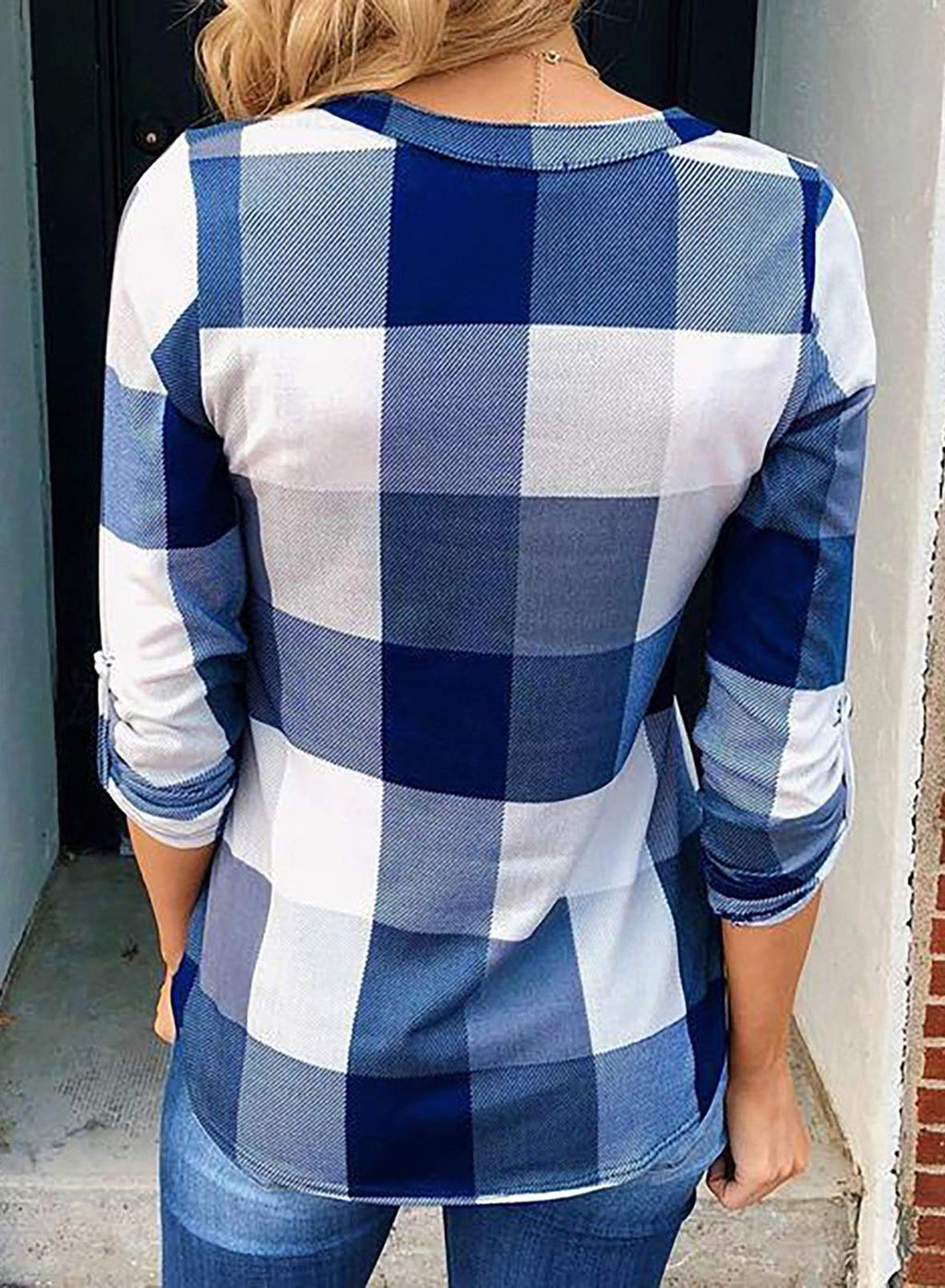 ✨Women's V Neck Plaid Print Cuffed Long Sleeve Shirt