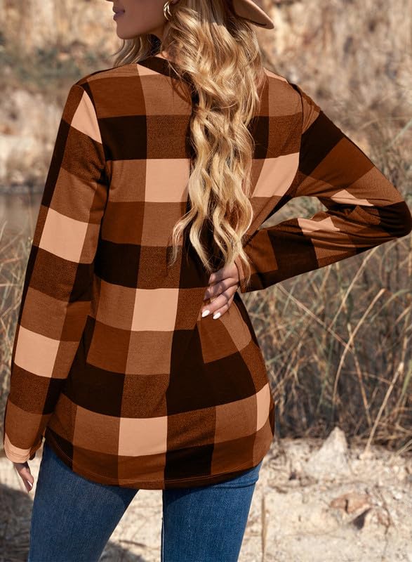✨Women's V Neck Plaid Print Cuffed Long Sleeve Shirt