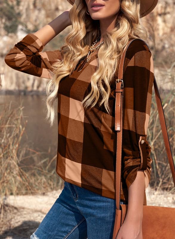 ✨Women's V Neck Plaid Print Cuffed Long Sleeve Shirt