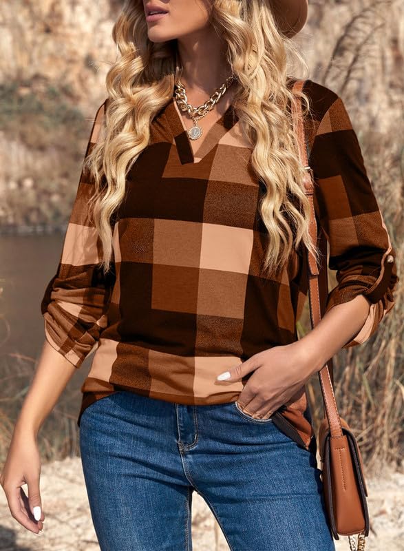 ✨Women's V Neck Plaid Print Cuffed Long Sleeve Shirt