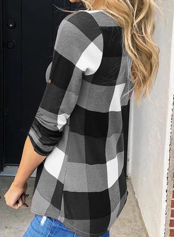 ✨Women's V Neck Plaid Print Cuffed Long Sleeve Shirt