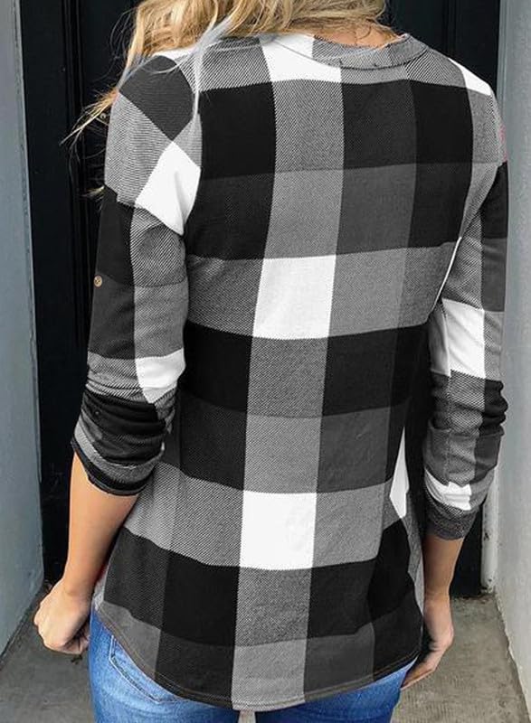 ✨Women's V Neck Plaid Print Cuffed Long Sleeve Shirt