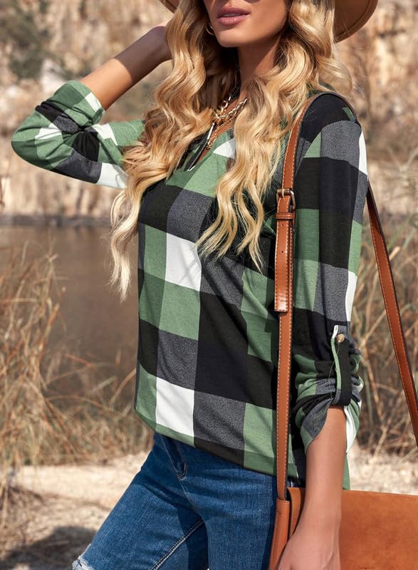 ✨Women's V Neck Plaid Print Cuffed Long Sleeve Shirt