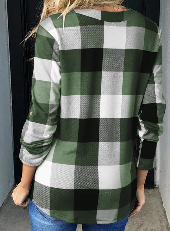 ✨Women's V Neck Plaid Print Cuffed Long Sleeve Shirt